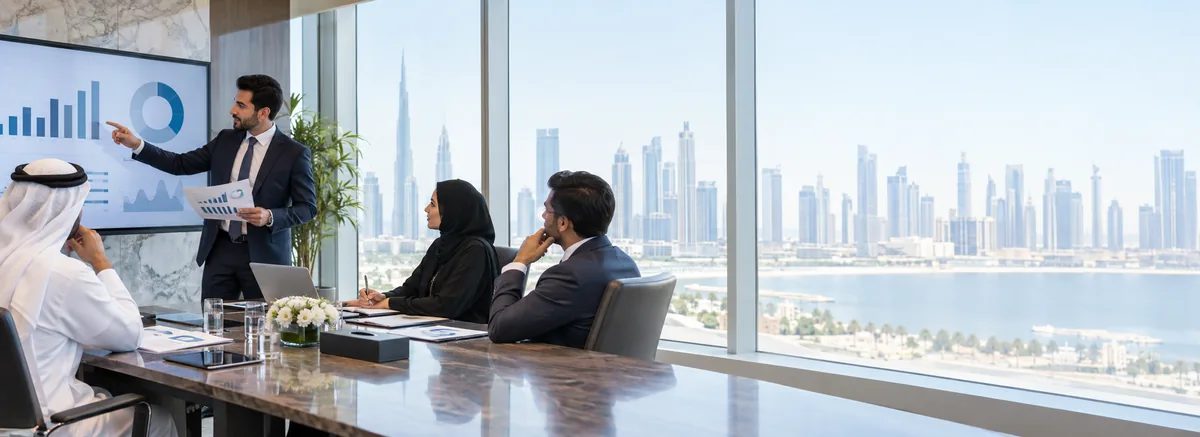 اجتماع عمل في قاعة اجتماعات تطل على أفق دبي