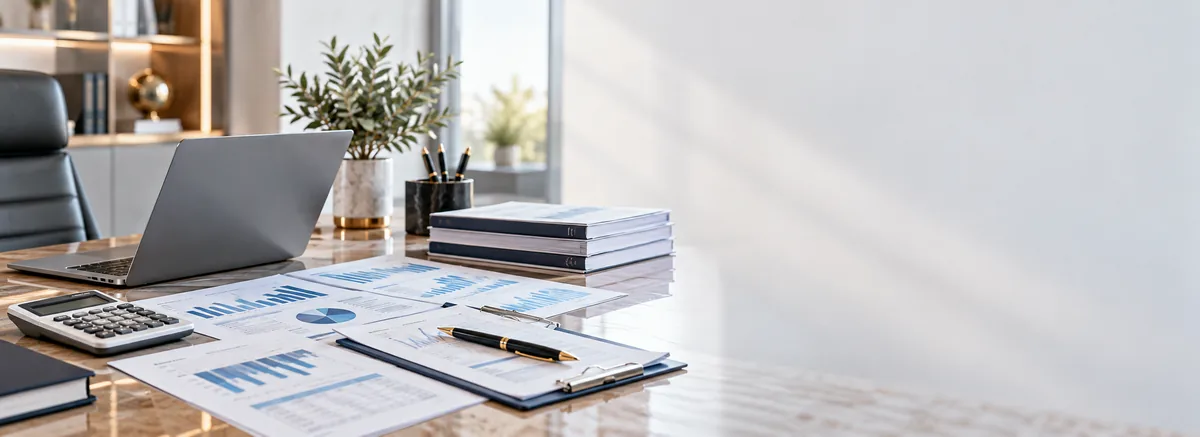 مكتب عمل عليه تقارير مالية وآلة حاسبة وحاسوب محمول
